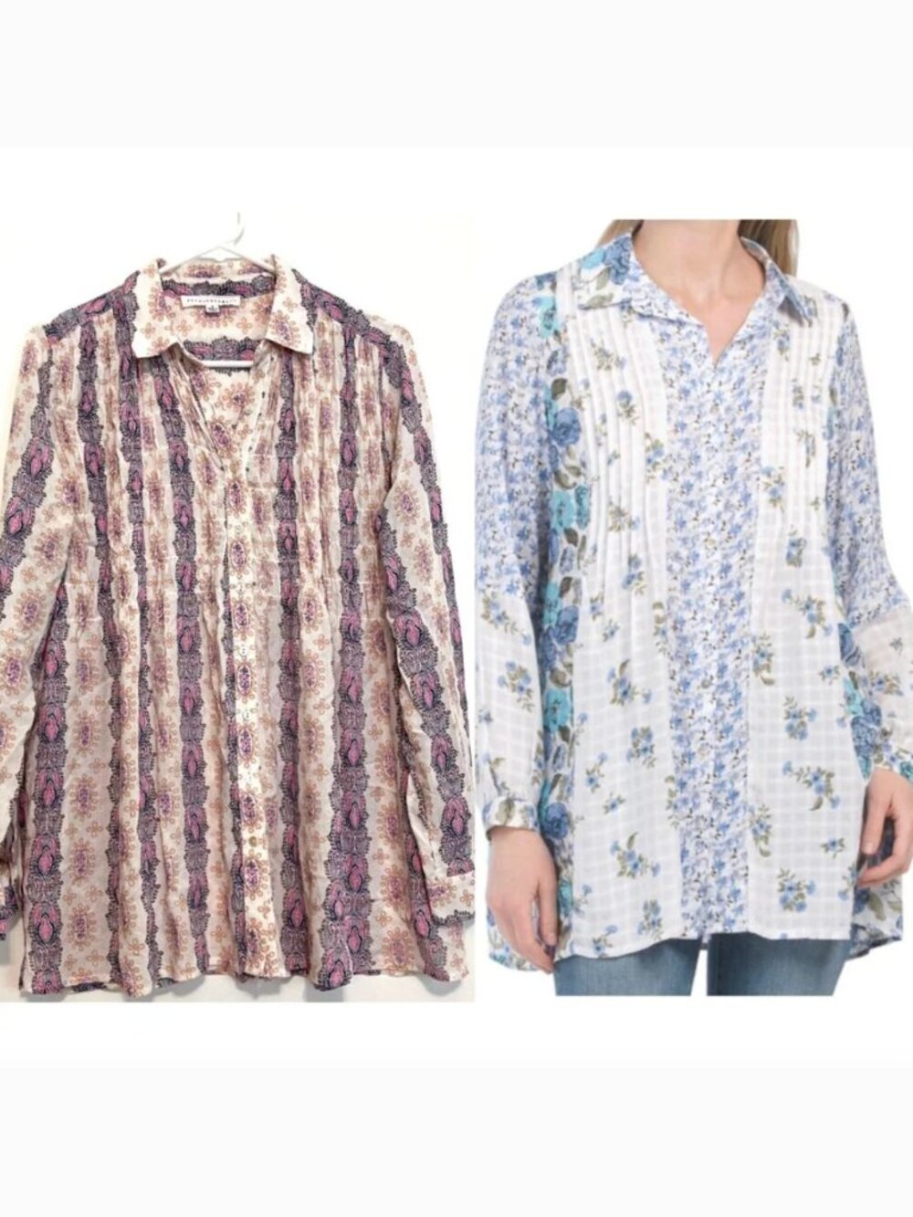 JANE AND DELANCEY White Navy Geometric Striped Pintuck Pleated Button Down Tunic
